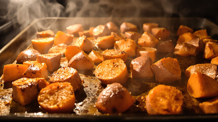 A tray of roasted potatoes with a lot of seasoning on them