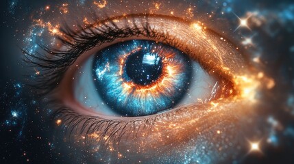 Close-up of a mesmerizing cosmic eye with vibrant colors and starry background, symbolizing vision