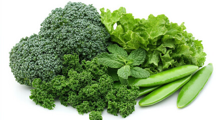 Fresh green vegetables including broccoli, kale, lettuce, mint, and snap peas arranged beautifully. These vibrant greens are perfect for healthy meals and salads