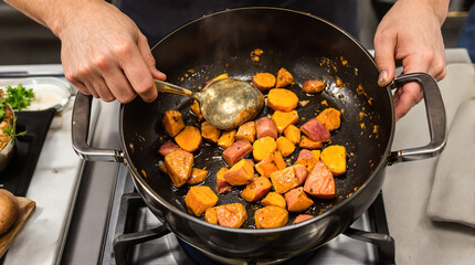 A tray of roasted potatoes with a lot of seasoning on them