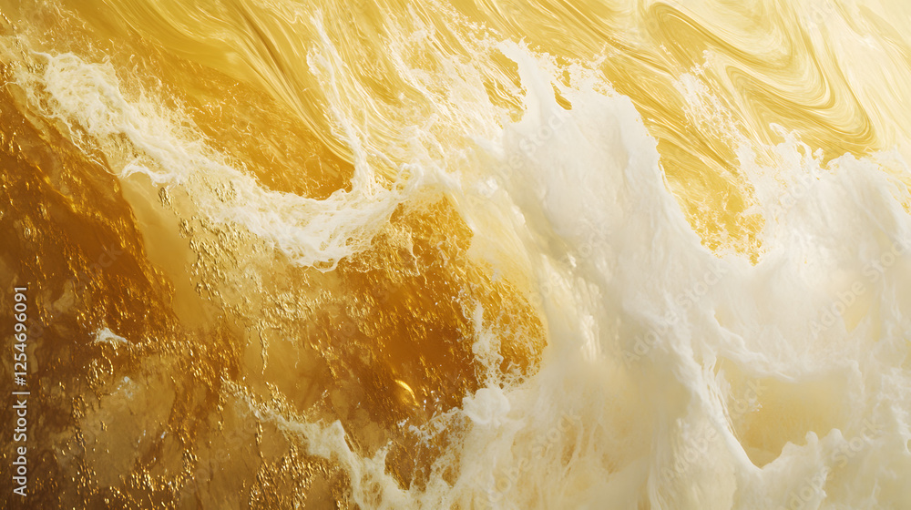 Poster close up of a wave crashing on a sandy beach with soft peach colors in the background