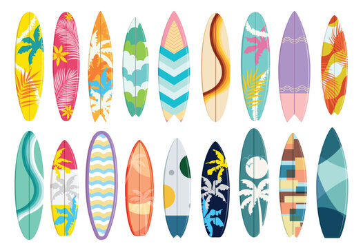 Summer surfboard elements clipart set. Colorful surfing board clip art with printed and pattern design collection for beach graphic elements vector illustration. 
