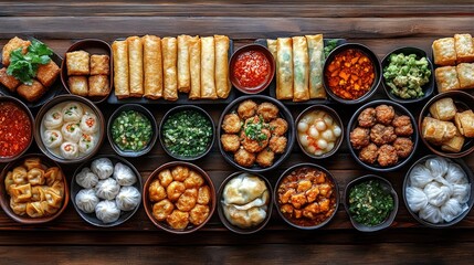 A vibrant assortment of various dumplings and spring rolls arranged on a wooden table, showcasing diverse flavors and textures, perfect for culinary presentations or food blogs