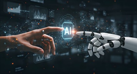 AI and machine learning are visualized as a glowing, interconnected web of data streams and nodes. In the foreground, a human hand interacts with a holographic interface