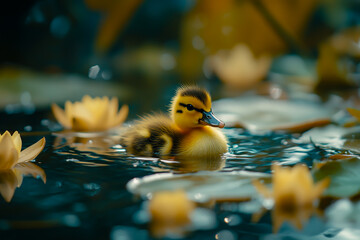 A duckling is paddling across water surrounded by lily pads.