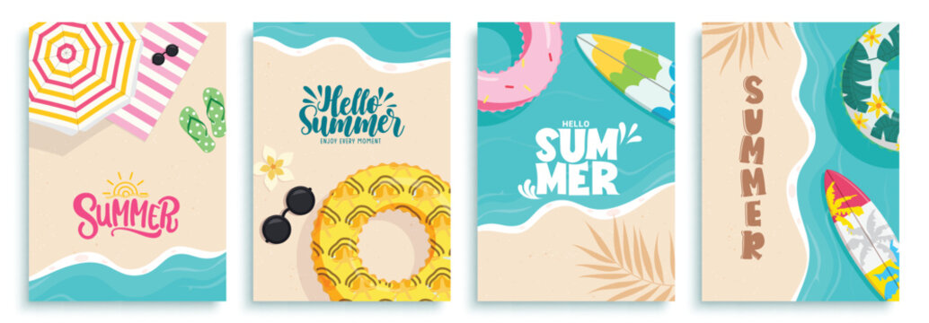 Hello summer clipart poster set. Summer greeting card in beach seashore top view clip art collection with tropical elements vector illustration. 
