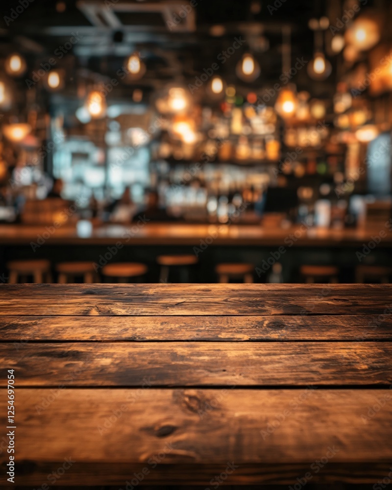 Aufkleber empty wooden table in front of blurred bar with warm lights and stools creating a cozy ambiance