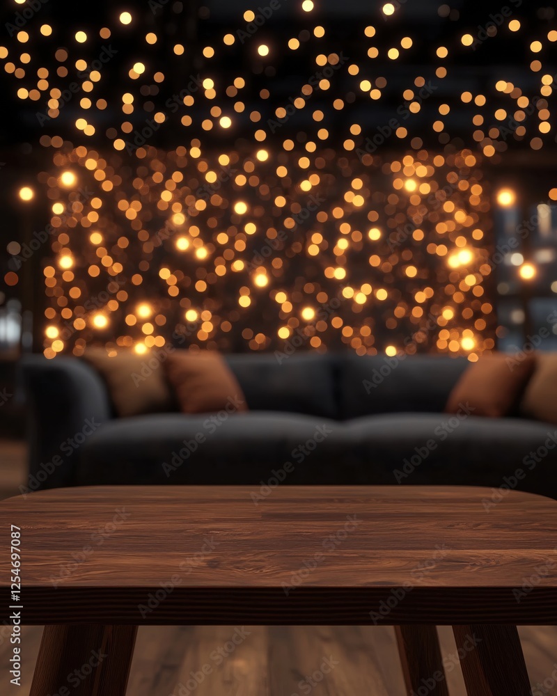 Poster wooden table in foreground with blurred sofa and warm lights in background for product display