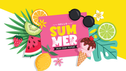 Hello summer greeting clipart template. Summer greeting text in pink board clip art with watermelon, lemon, orange and ice cream elements vector illustration. 
