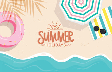 Summer beach greeting clipart design. Summer seashore top view clip art with floater, umbrella, mat and swimming elements vector illustration. 
