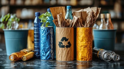 Colorful recycling bins filled with various materials surrounded by bottles and plants indoors