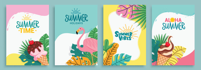 Summer time clipart poster set. Summer greeting card clip art with flamingo, ice cream and tropical leaves elements in colorful background collection vector illustration.  © AmazeinDesign