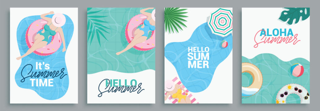 Summer greeting card clipart poster set. Summer time pool top view clip art collection with floating girl in bikini decoration elements vector illustration.  
