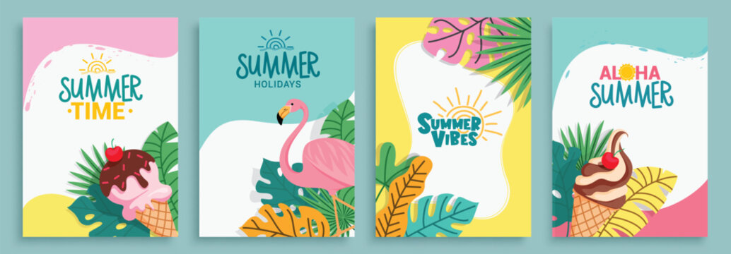 Summer time clipart poster set. Summer greeting card clip art with flamingo, ice cream and tropical leaves elements in colorful background collection vector illustration.
