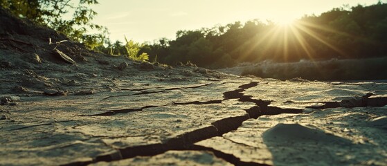 Obraz premium Cracked, dry earth stretches under a bold sunrise, highlighting textures and resilience in an arid, yet strikingly beautiful landscape.