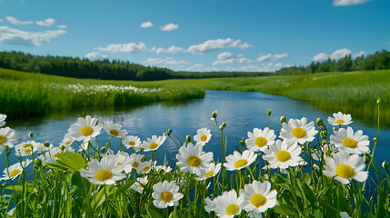 Summer meadow flowers river landscape