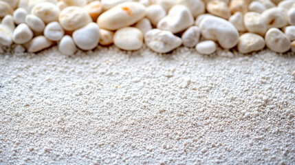A wide top shot of white little gravel texture in modern bright tones, creating a blurred, empty space on the side. Symbolizes simplicity, calmness, and openness amidst chaos, offering visual clarity.