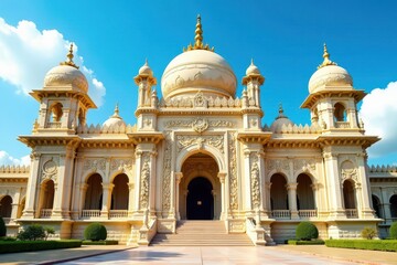 Intricate carvings adorn Falaknuma Palace's facade, domes pierce a vibrant blue sky , indian architecture, building, monument