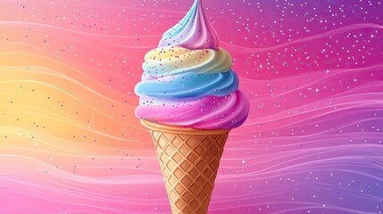Colorful ice cream cone with swirls of pink, blue, and yellow against a vibrant pastel background