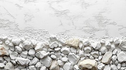 A wide top shot of white little gravel texture in modern bright tones, creating a blurred, empty space on the side. Symbolizes simplicity, calmness, and openness amidst chaos, offering visual clarity.