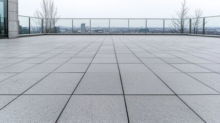 Fototapeta premium Empty modern rooftop terrace with grey tiled floor and glass railing overlooking a distant city skyline under an overcast sky.