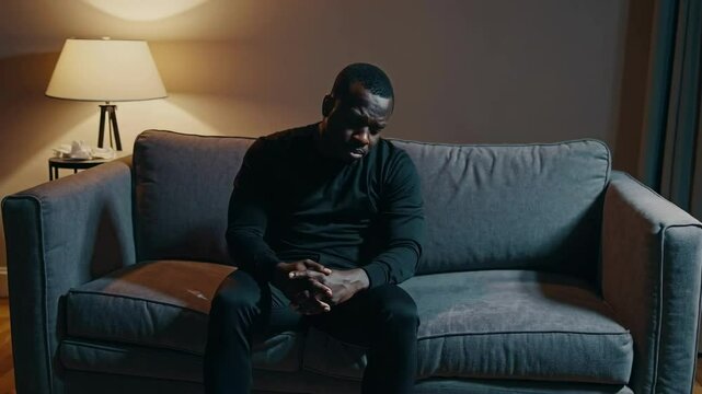 A grieving young African American widower dressed in black sits alone in a dimly lit room. His expression filled with sorrow. Mourning, loss, loneliness, and emotional pain
