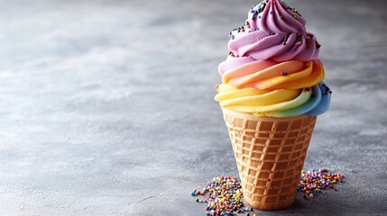 Colorful ice cream cone with sprinkles on a textured surface, evoking a joyful dessert experience