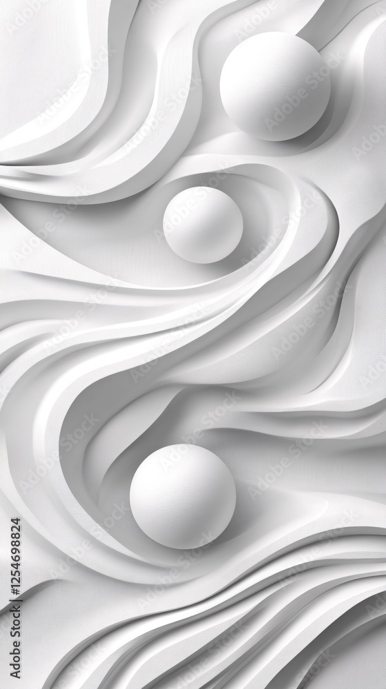 Poster abstract white flowing curves with three spheres creating a modern minimalist background