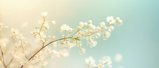 Naklejka premium Delicate, white blossoms against a soft pastel background capture the essence of purity and serenity in a dreamy atmosphere.