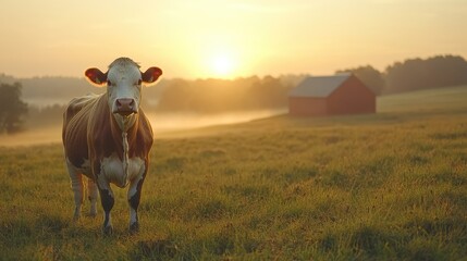 Cow standing in a sunlit field at dawn with a barn in the background, evoking rural tranquility