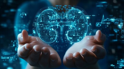 Human kidney hologram in blue futuristic hold by doctor hand, symbolizing human kidney anatomy 