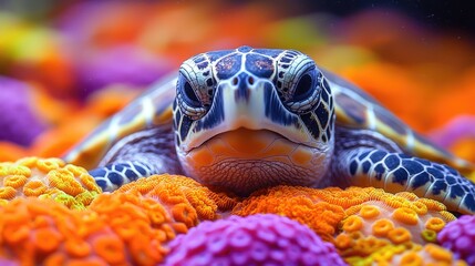 Close-up of a sea turtle resting on vibrant coral reefs, showcasing underwater life and colors