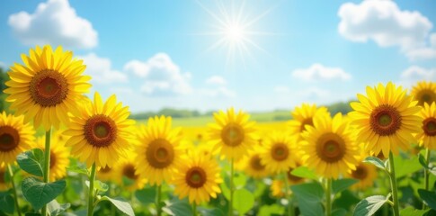 Fototapeta premium Vibrant yellow sunflowers fill frame, summer sunlit field , sky, agriculture