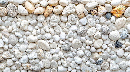 A wide top shot of white little gravel texture in modern bright tones, creating a blurred, empty space on the side. Symbolizes simplicity, calmness, and openness amidst chaos, offering visual clarity.