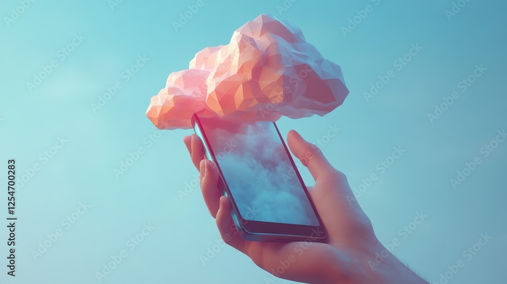 Poster cloud computing concept, hands holding smartphone with cloud.