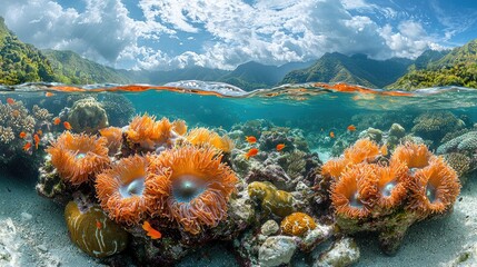 Vibrant underwater scene showcasing colorful anemones and tropical fish in a coral reef