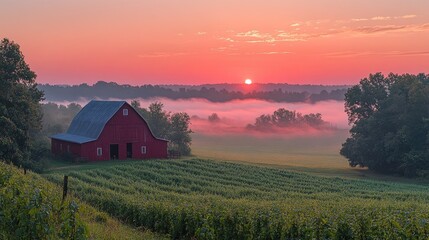Serene sunrise over a red barn in a misty landscape with lush green fields and trees