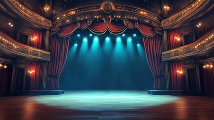 Empty vintage stage with red curtain and spotlight, theatre stage 