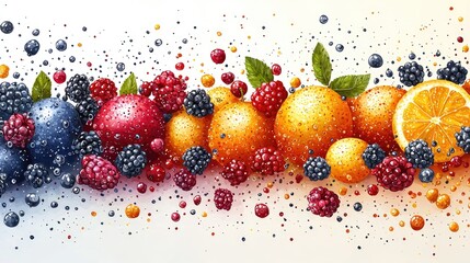 Vibrant assortment of fresh fruits with droplets, showcasing oranges, berries, and background splashes