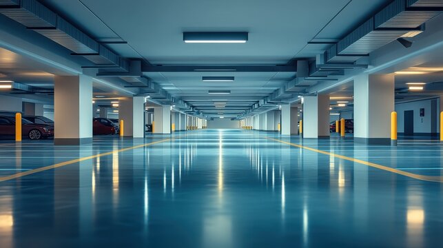 Spacious modern parking garage interior view.