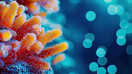 Naklejka premium Microscopic ocean life microscopic concept. Close-up of vibrant coral with soft blue bokeh background, showcasing underwater beauty.