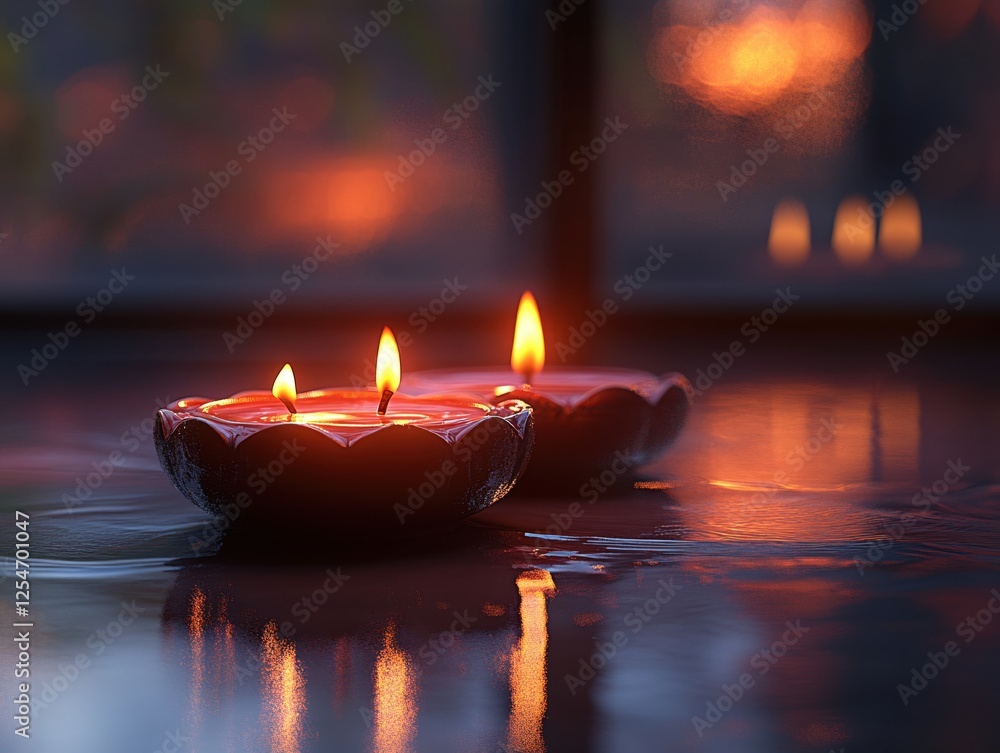 Poster two burning candles in dark bowls on a wet surface with a blurred background creating a warm glow