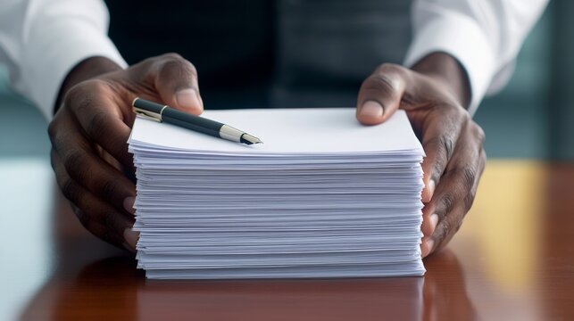 Strategic Business Contract Review and Negotiation for Successful Agreements, A person flipping through a stack of documents, showcasing a dynamic and engaging action.