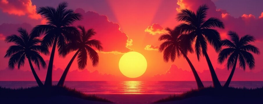 Dark silhouettes of palm and coconut trees against vibrant sunset , beach, golden hour