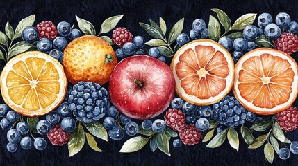 Vibrant assortment of fruits including oranges, apples, and berries on a dark background