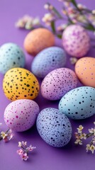 Obraz premium Colorful easter eggs with black dots resting on purple background