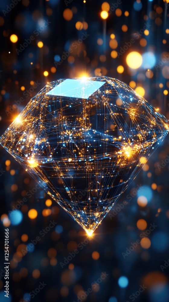 Poster abstract diamond shape with glowing lines and bokeh lights on a dark blue background
