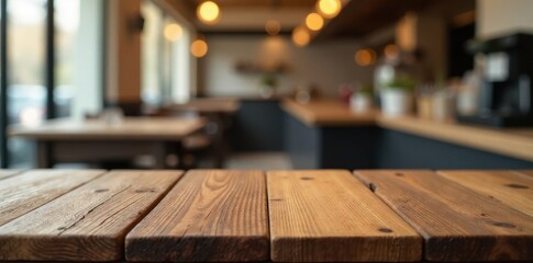 Empty rustic wooden tabletop, blurred cafe background, empty, restaurant, golden
