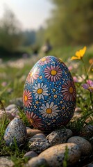 Colorful decorated egg surrounded by wildflowers and pebbles in a serene outdoor setting