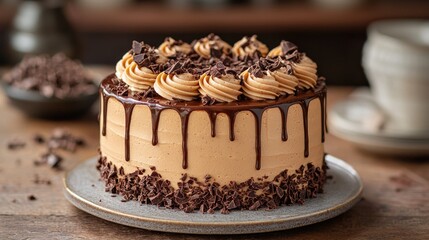Delicious chocolate cake with creamy frosting and chocolate shavings on a rustic wooden table